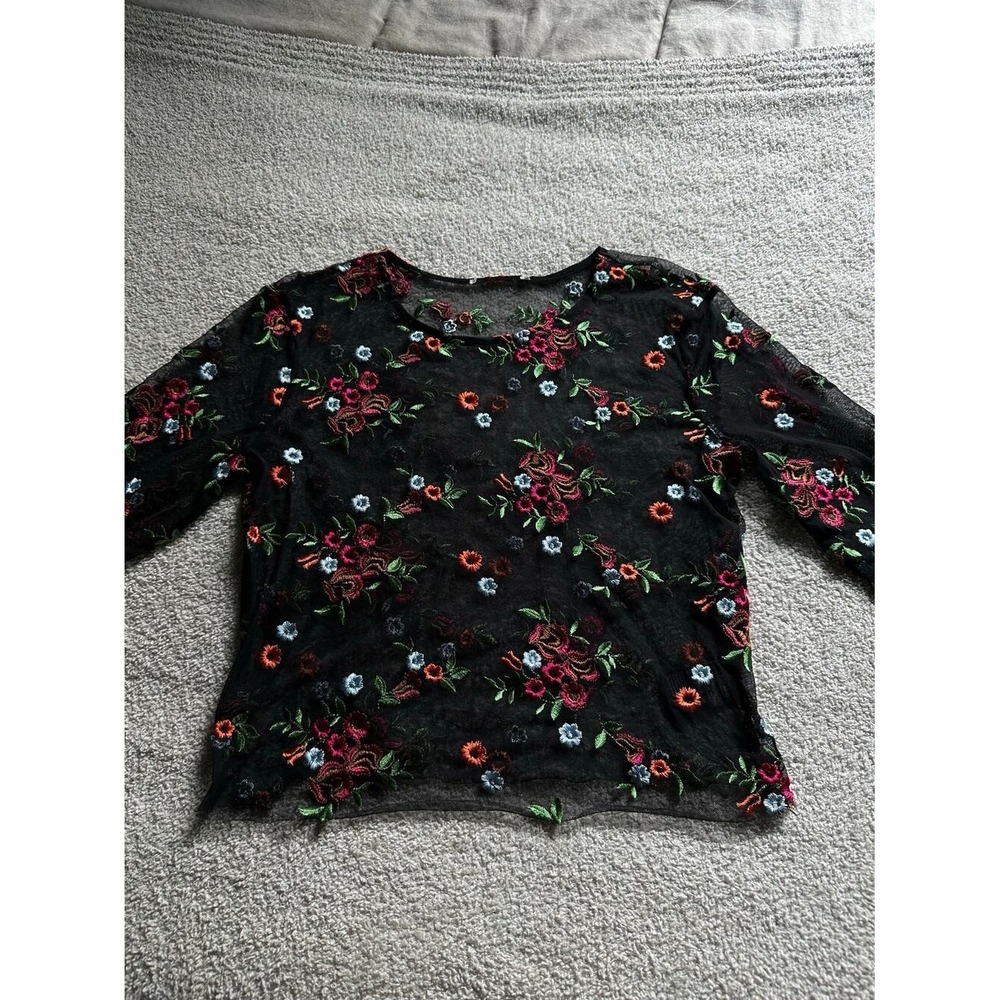 Women's Size S/M Black Mesh Long Sleeve Top With Floral Appliqués